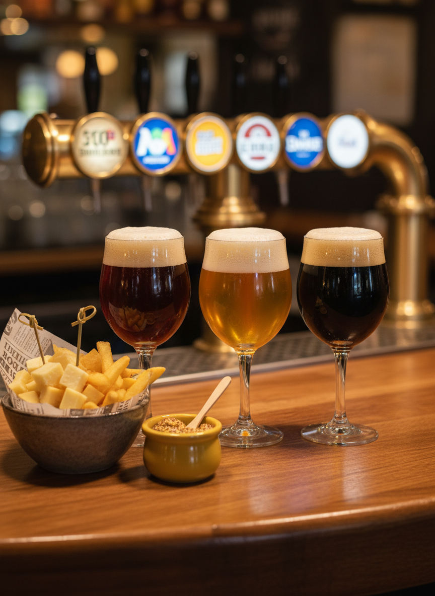 A meticulously arranged still life of Belgian beers and accompaniments on a rounded wooden counter: a trio of tulip-shaped glasses filled with different amber, golden, and dark brews, each with a thick, creamy foam cap catching the light. Nearby, a small stoneware bowl of cheese cubes, a cone of paper-wrapped frites, and a tiny ceramic pot of mustard add playful touches. Behind, a softly blurred backdrop of rounded beer taps with colorful labels creates a whimsical composition. Warm bar lighting highlights the rich tones of the beers, producing gentle reflections on the glass surfaces. Shot at eye level with shallow depth of field and bright, saturated colors, the photographic style emphasizes an energetic, festive brasserie ambiance without showing any people.