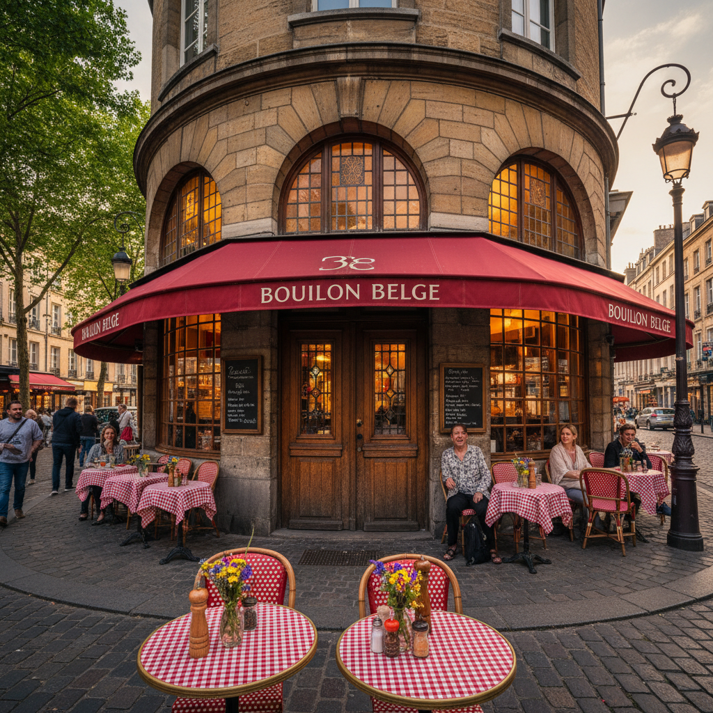 A welcoming restaurant façade of Bouillon Belge on a lively street corner, featuring a rounded wooden door, large arched windows, and a deep red awning printed with a simple white logo. Small bistro tables with checkered tablecloths cluster near the entrance, each table holding a playful arrangement of mustard jars, salt mills, and a tiny vase of wildflowers. Early evening light bathes the stone façade in a warm glow, while interior lighting spills softly onto the sidewalk. The mood is convivial and charming, with bright, saturated colors and a whimsical, slightly wide-angle photographic perspective emphasizing curved architectural lines and an energetic, inviting layout.