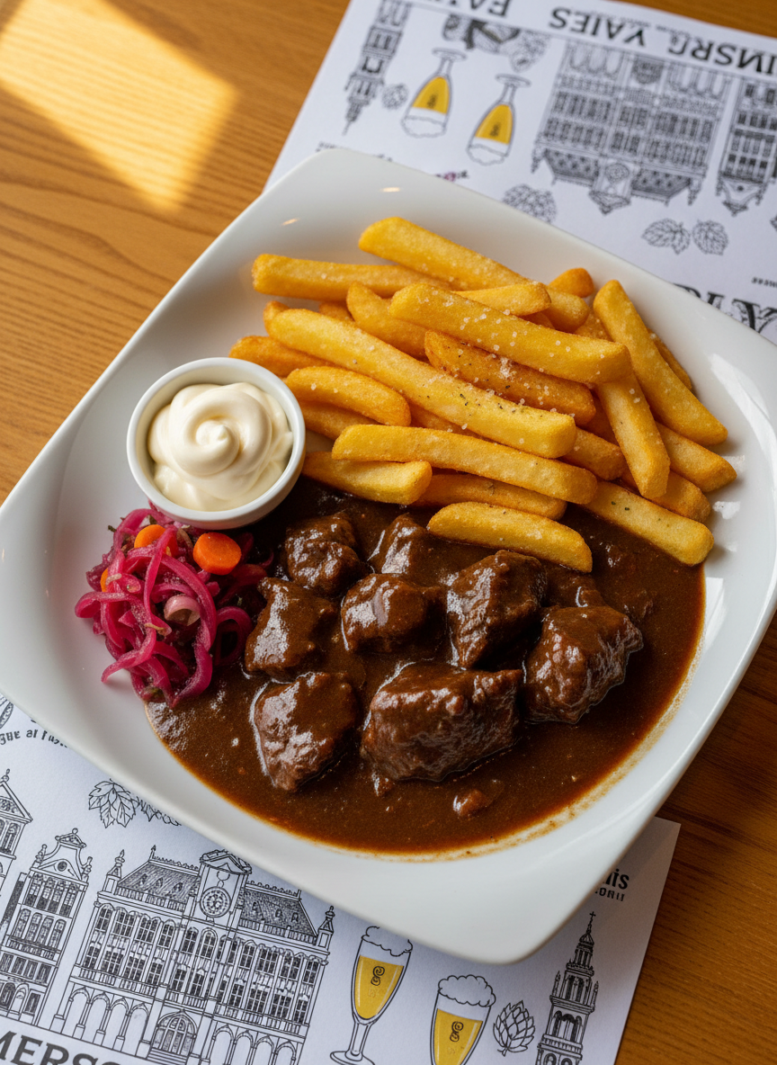 A close-up overhead view of a generous plate of Belgian specialties presented on a softly rounded white ceramic platter: crispy golden frites with a swirl of mayonnaise in a tiny ramekin, a dark, glossy carbonnade flamande with thick sauce, and a side of bright pickled vegetables. The platter sits on a honey-colored wooden table, scattered with playful paper placemats featuring hand-drawn illustrations of Brussels landmarks and beer glasses. Soft, diffused midday light from an unseen window gently illuminates the food, creating appealing highlights on the sauces and textures. The composition follows the rule of thirds with a shallow depth of field, vibrant colors, and photographic realism, evoking a warm, joyful brasserie atmosphere.